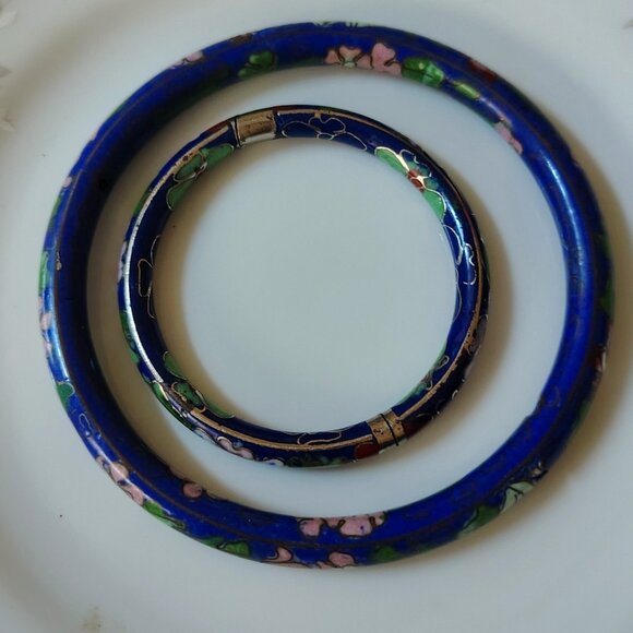 Vtg Set Chinese BLUE COBALT Mommy & Me Baby CLOISONNE Flower BANGLE BRACELET - Picture 4 of 8